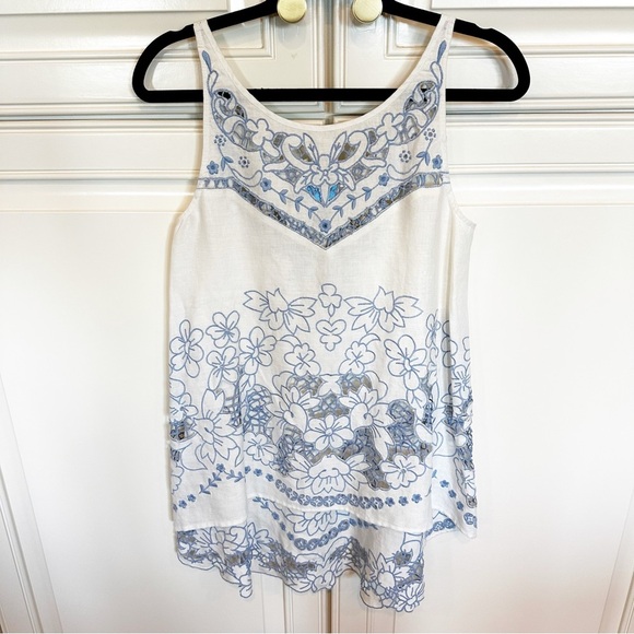 Anthropologie HD Paris Bellflower Linen Women’s Embroidered Floral Blue Tank 6 - Picture 2 of 8